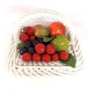Vintage Capodimonte Pottery Fruit Basket Centerpiece Woven White Colorful